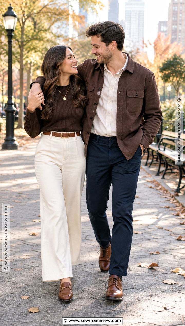 Cream Trousers And Chocolate Sweater Engagement Photo Outfit - 15 engagement photos outfits october
