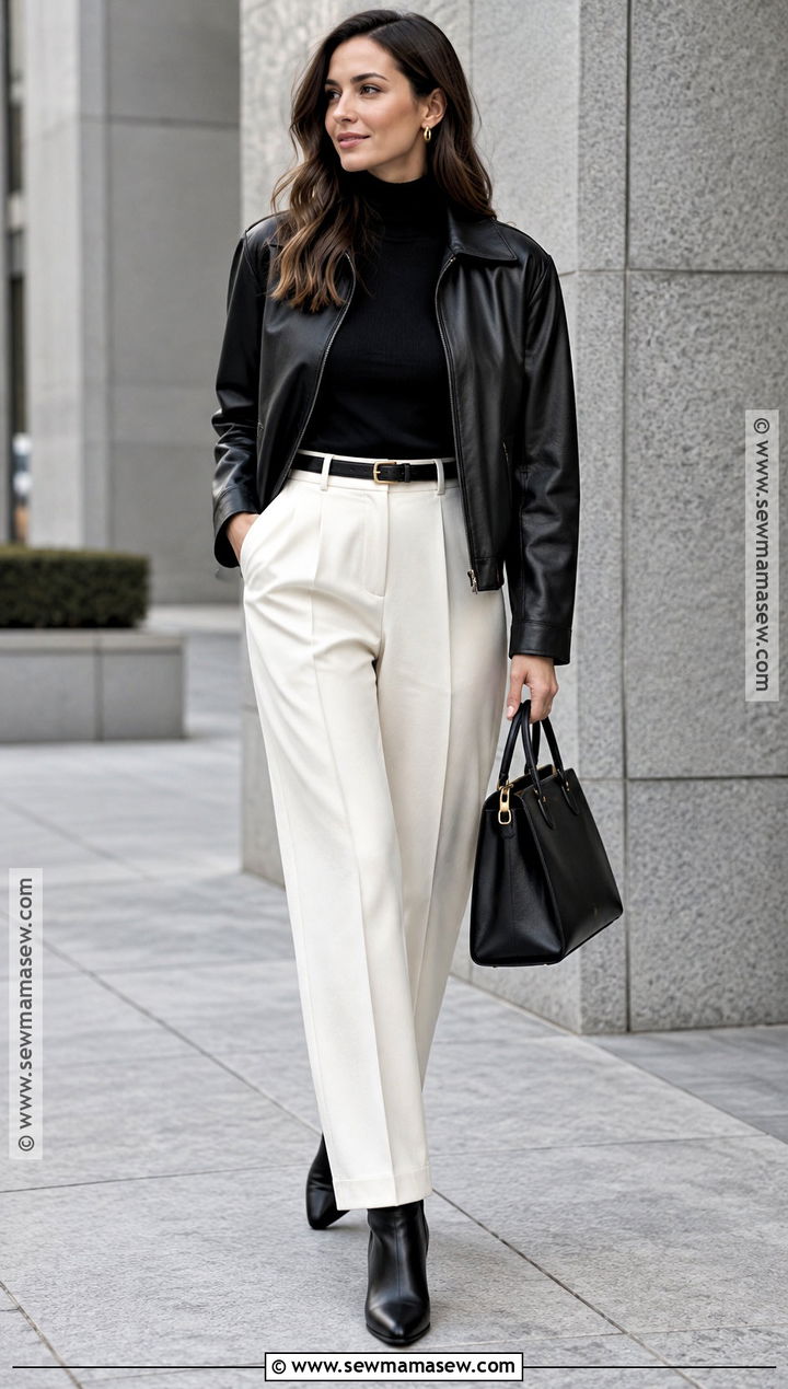 Cream Trousers With Black Turtleneck And Leather Jacket - 15 cream trousers fall outfit ideas