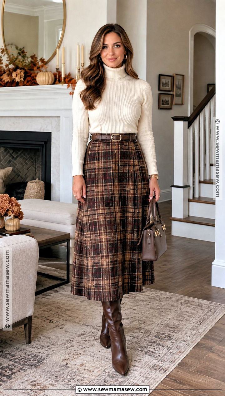 Cream Turtleneck And Plaid Midi Skirt Thanksgiving Outfit - 20 Thanksgiving Outfit Classy Ideas
