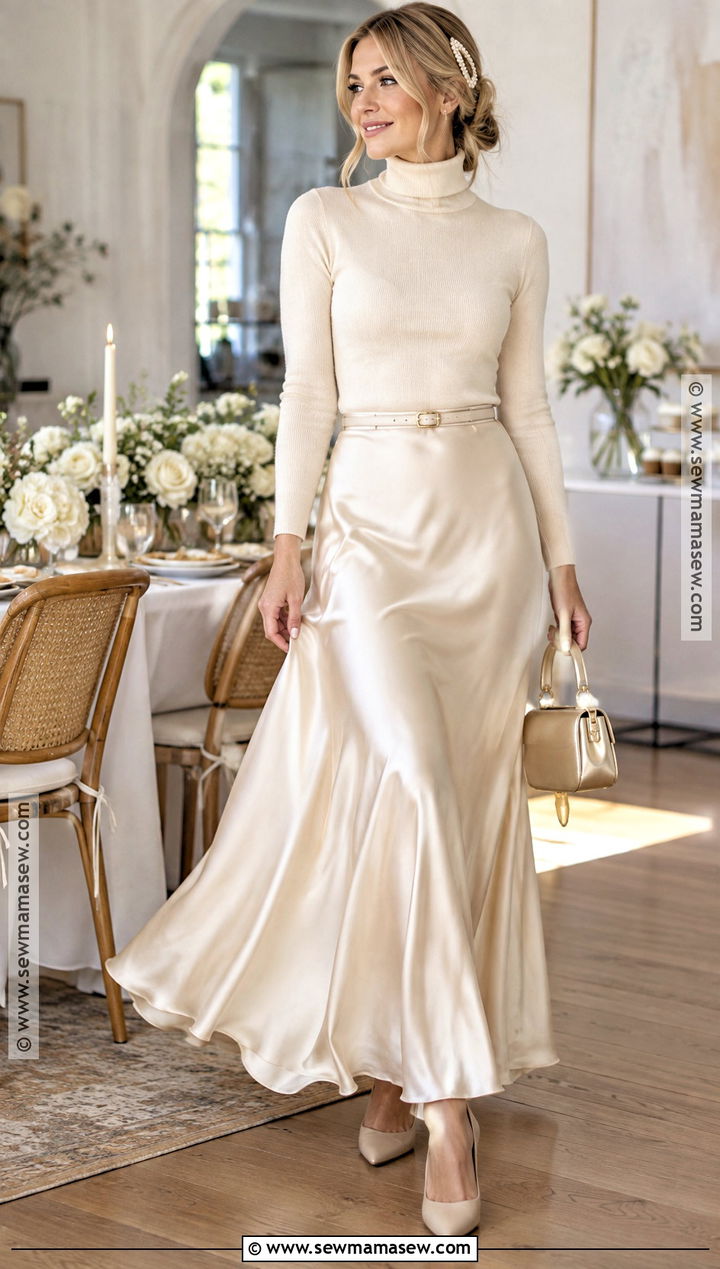 Cream Turtleneck And Satin Maxi Skirt Bridal Shower Outfit - 20 fall bridal shower outfit for bride ideas