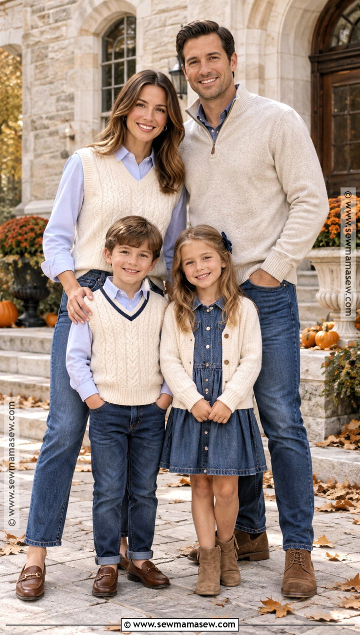 Cream Vest And Jeans Family Outfit - 20 october family photos outfits jeans