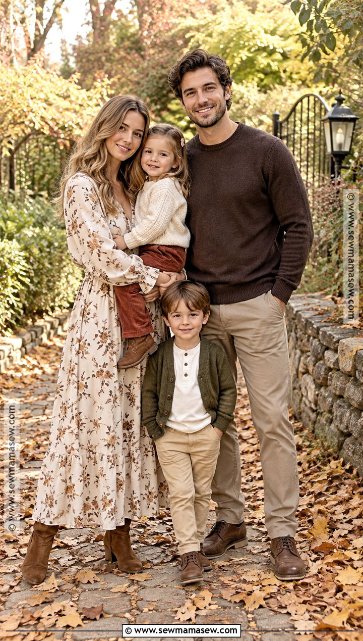 Cream and Brown Floral Fall Family Photo Outfit - 15 fall family of 4 pictures outfits