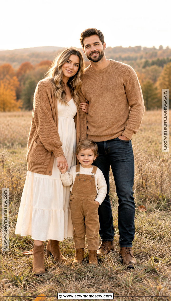 Cream and Camel Family of 3 Fall Photo Outfit - 20 family of 3 fall photo outfits