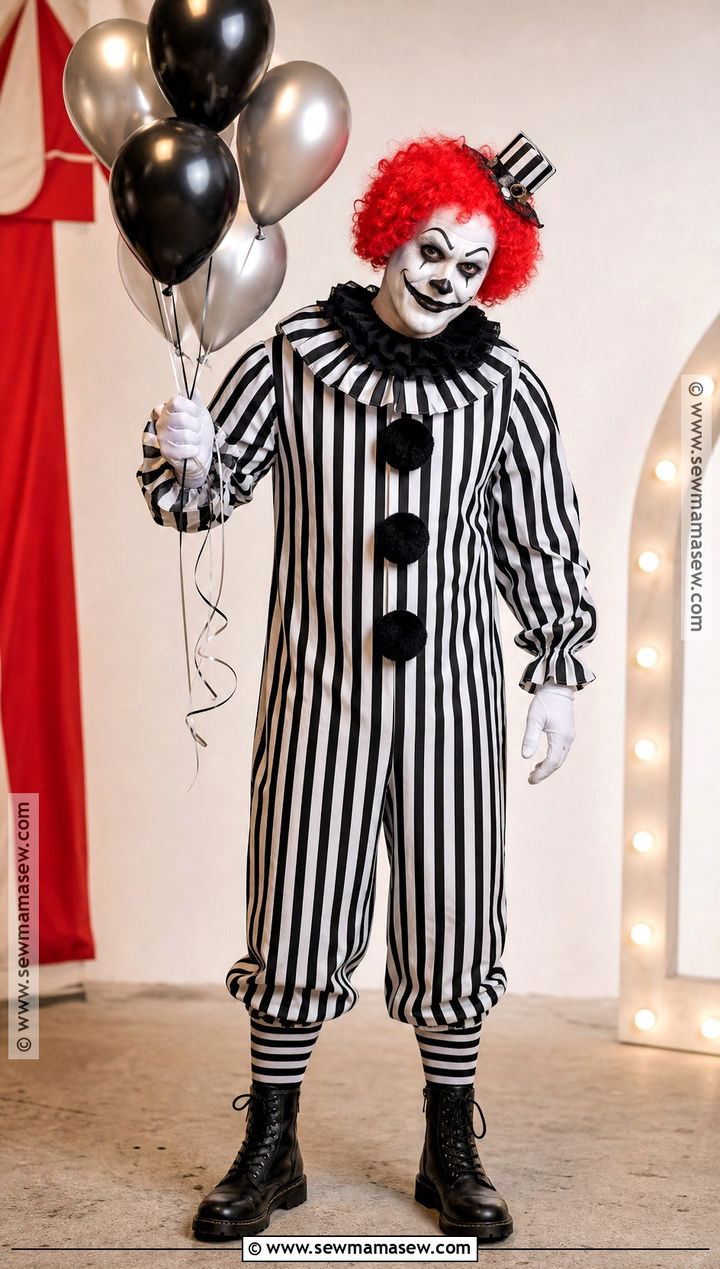 Creepy Clown Costume With Striped Jumpsuit - 45 scary costumes
