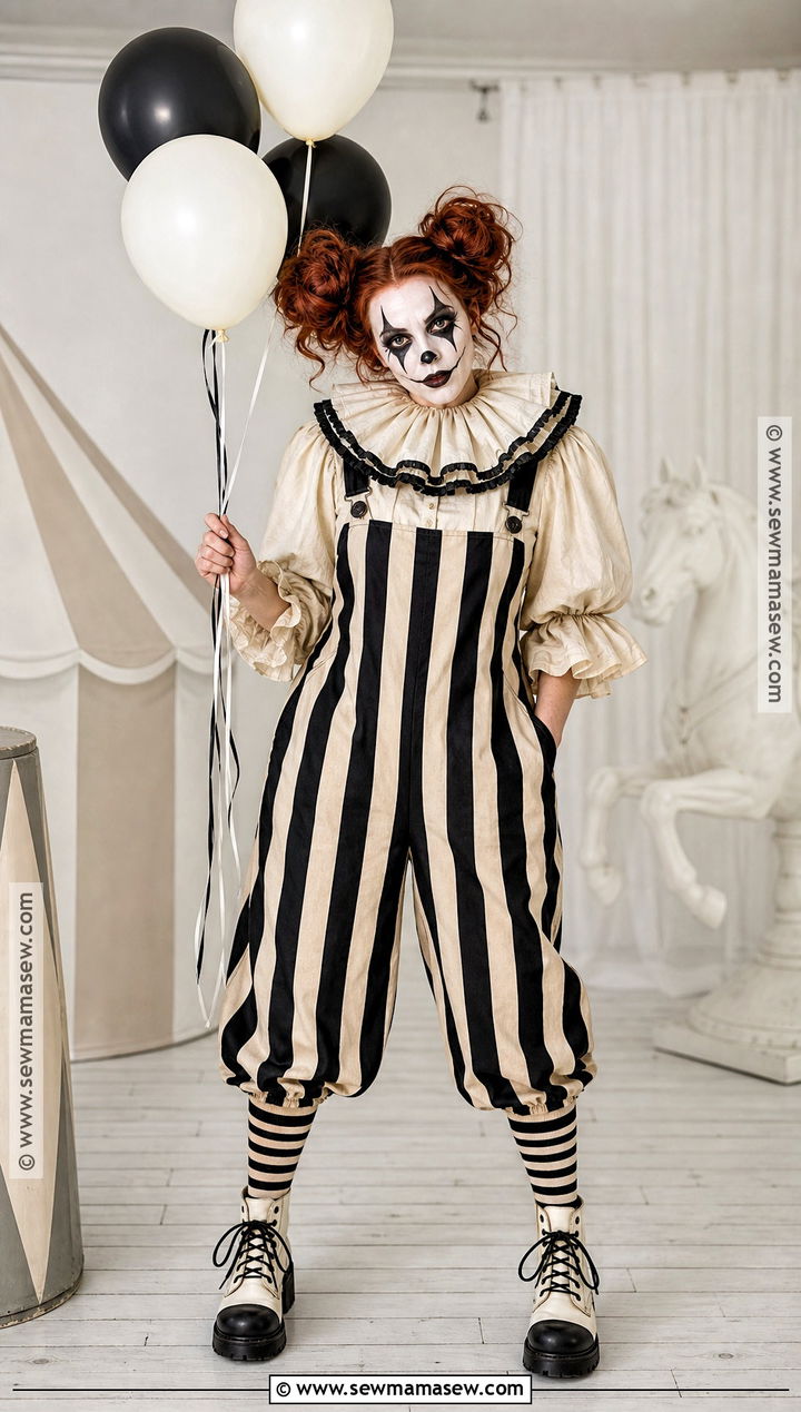 Creepy Clown Costume With Striped Overalls - 50 scary halloween costume ideas