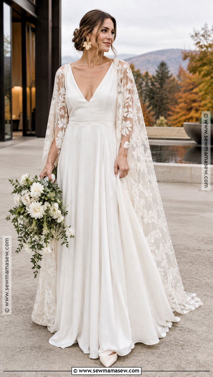 Crepe Boho Wedding Dress With A Lace Cape - 15 boho wedding dress fall ideas