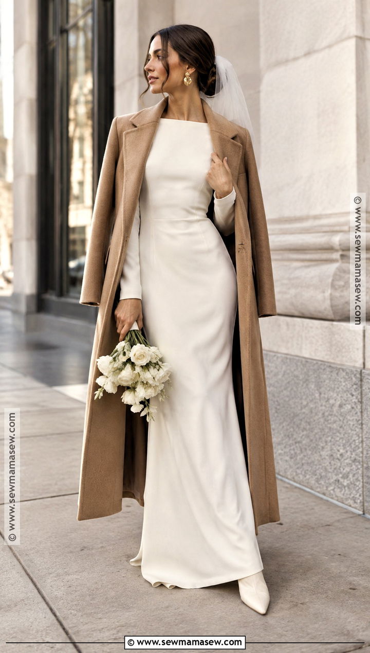 Crepe Column Elopement Dress With Wool Coat - 15 November Elopement Dress Ideas