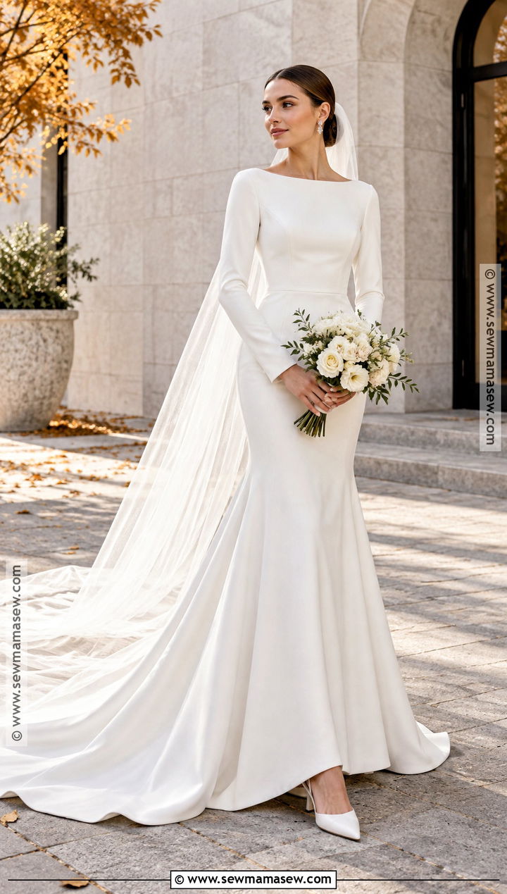Crepe Fit And Flare Wedding Dress - 15 Modest Fall Wedding Dresses