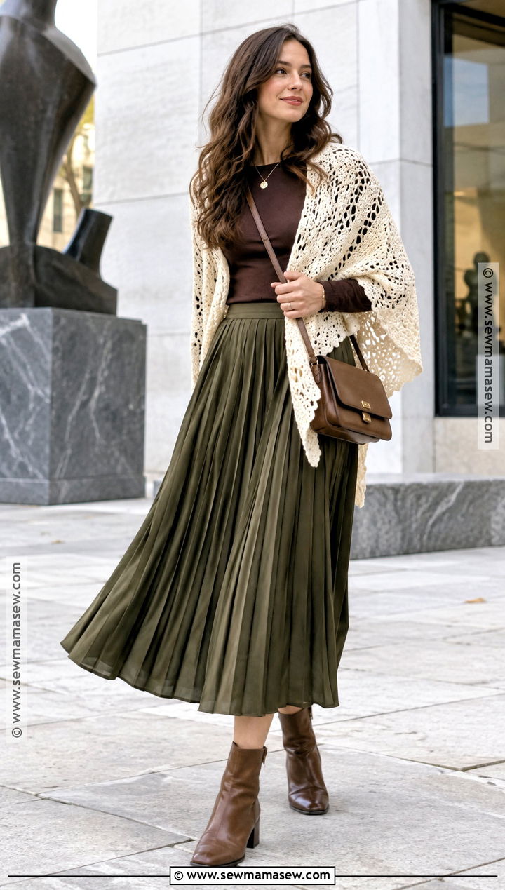 Crescent Crochet Shawl With Midi Skirt - 15 Fall Crochet Shawl Ideas