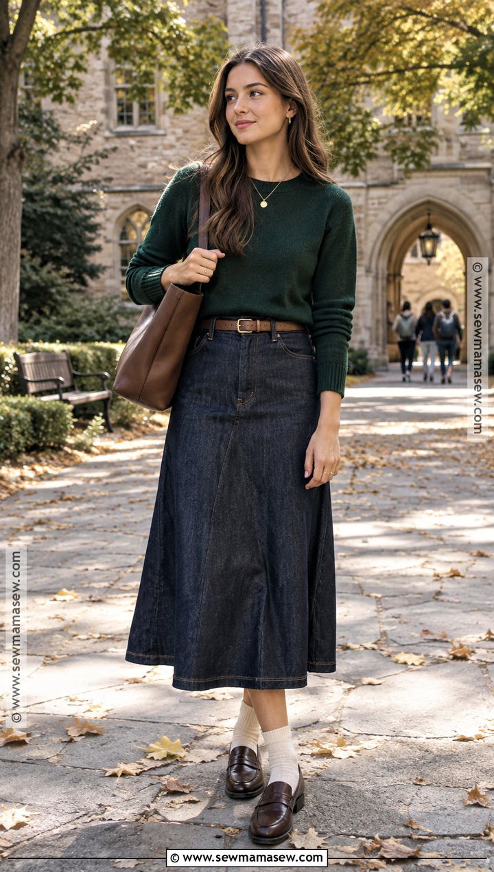 Crew Neck Sweater And Midi Skirt For University - 20 university fall outfits