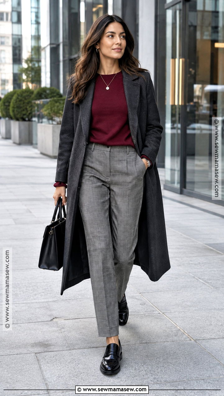 Crewneck Sweater And Check Trousers Work Outfit - 20 smart casual work outfit autumn ideas