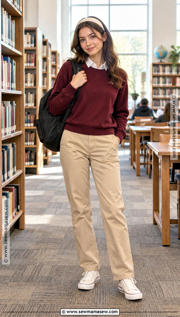 Crewneck Sweater And Chino Pants Outfit - 20 back to school outfits dress code