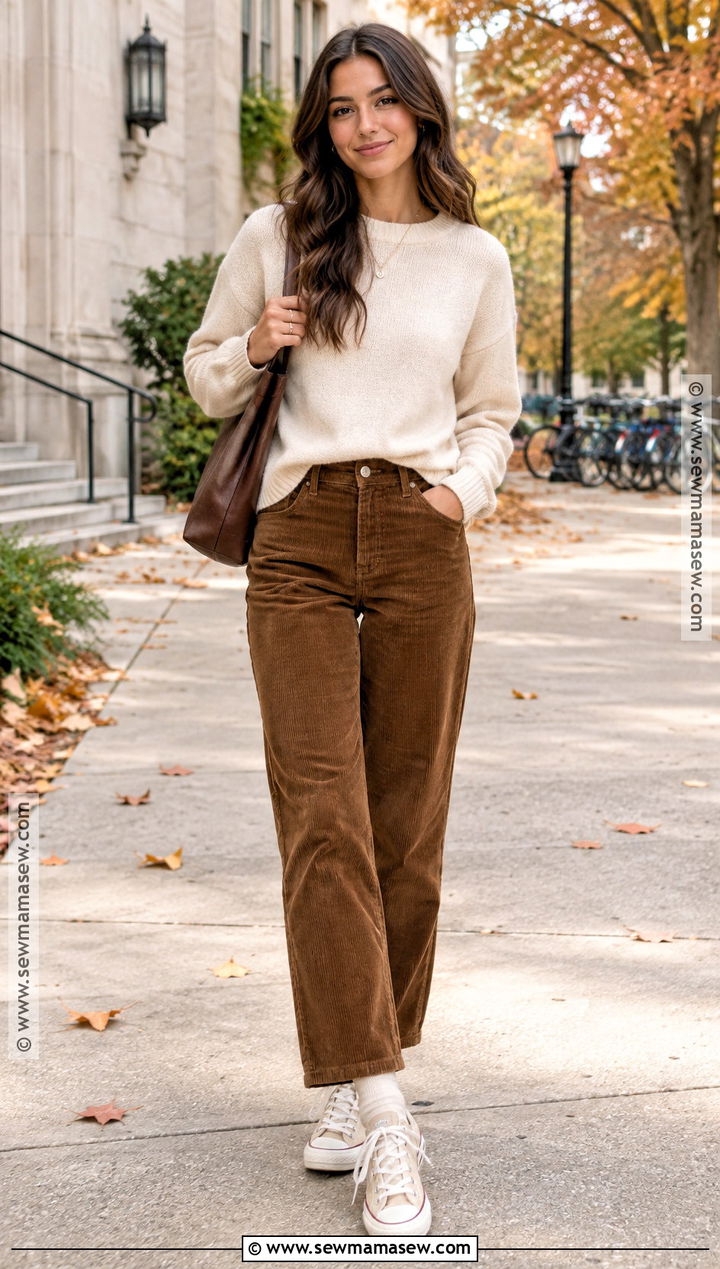 Crewneck Sweater And Corduroy Pants Fall Outfit - 15 girl next door fall outfits