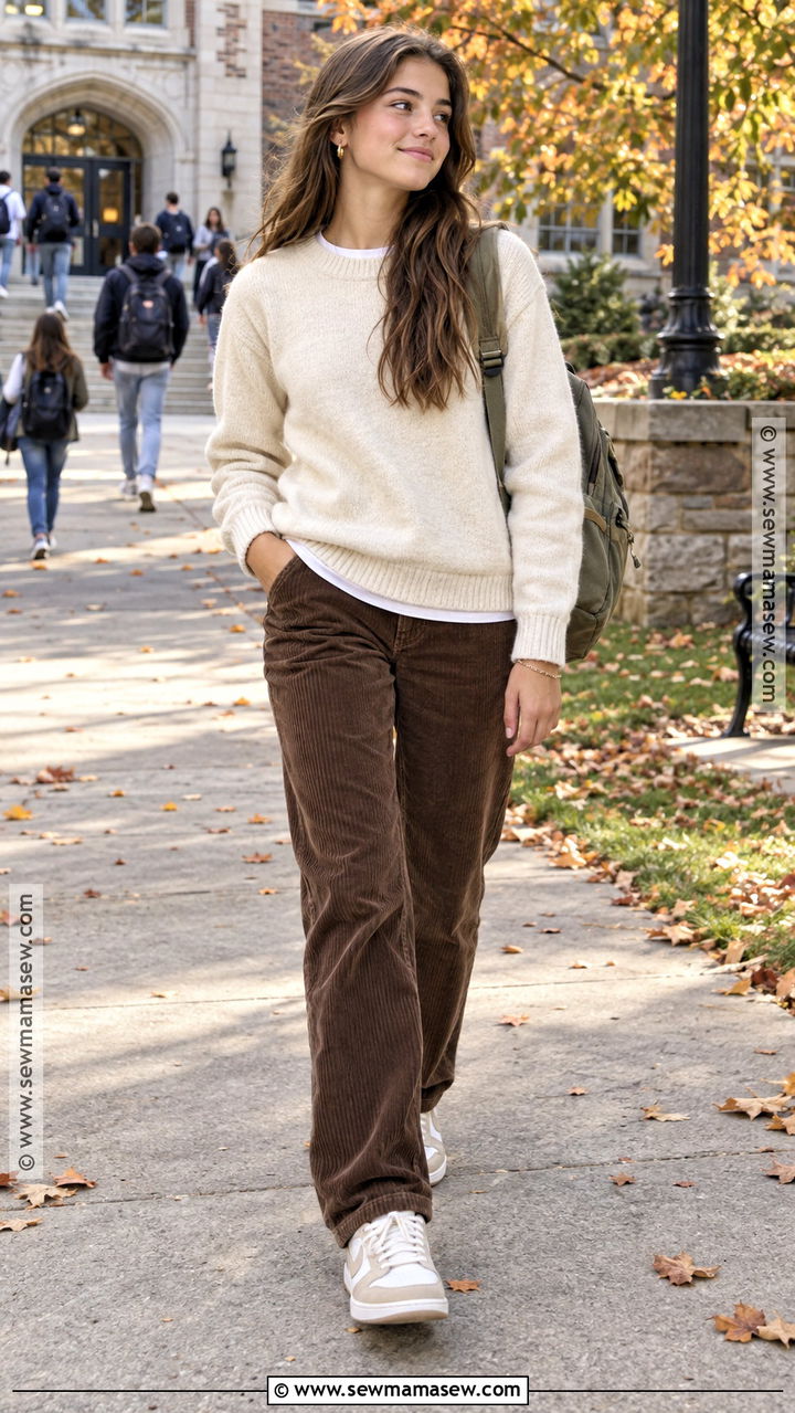 Crewneck Sweater And Corduroy Pants High School Outfit - 20 fall outfits high school