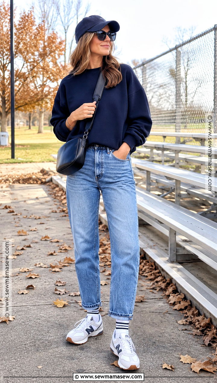 Crewneck Sweater And Mom Jeans Fall Sports Mom Outfit - 15 sports mom fall outfit ideas