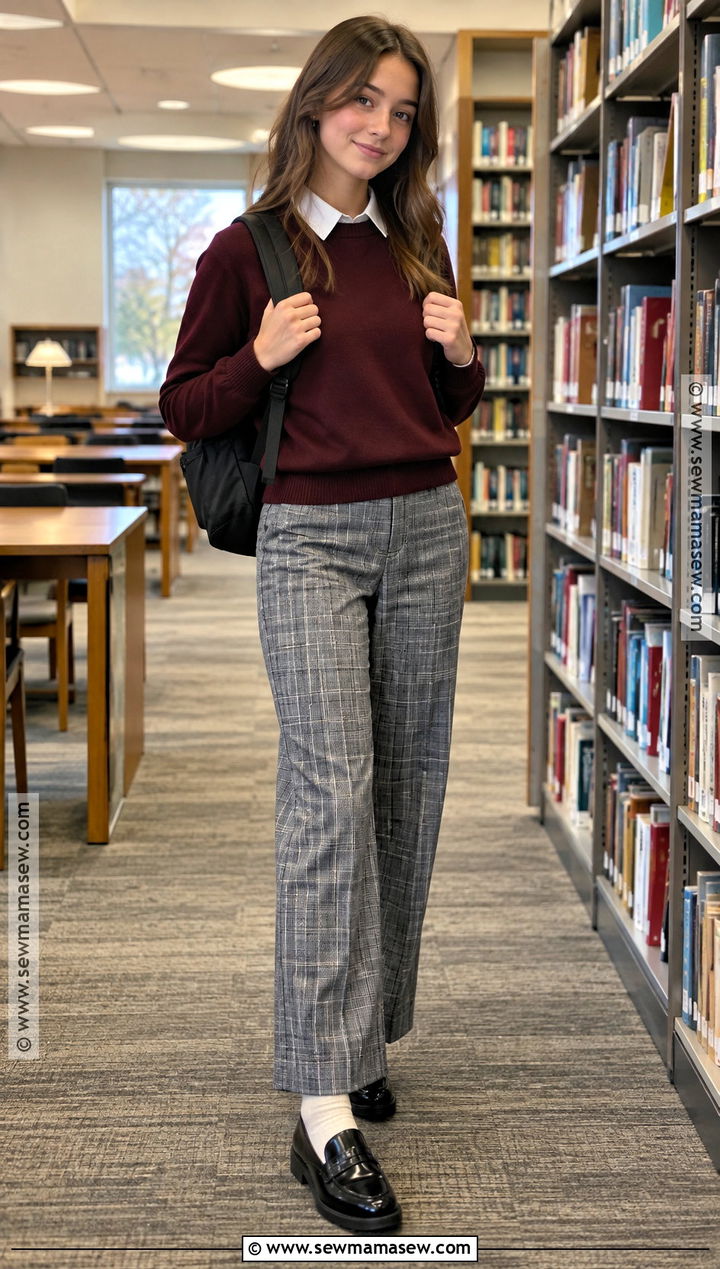 Crewneck Sweater And Plaid Pants Fall School Outfit - 20 fall school outfits highschool