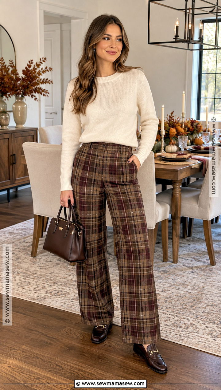 Crewneck Sweater And Plaid Pants Thanksgiving Outfit - 25 Comfy Thanksgiving Outfit Ideas