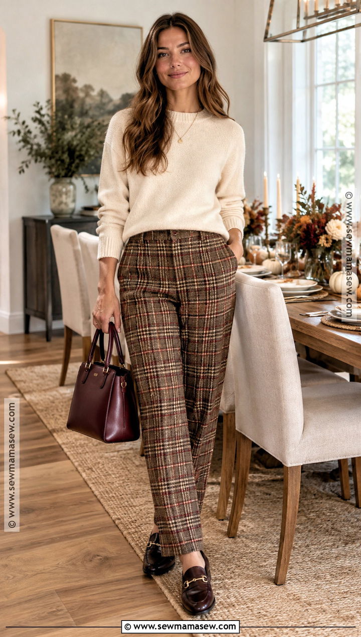 Crewneck Sweater And Plaid Pants Thanksgiving Outfit - 20 comfy casual thanksgiving outfit ideas