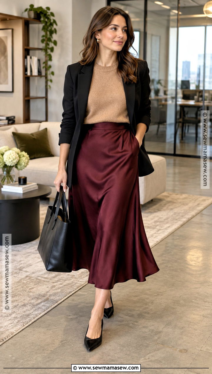 Crewneck Sweater And Satin Midi Skirt Fall Office Outfit - 20 Fall Outfits Office Business Casual