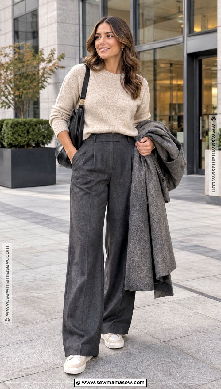 Crewneck Sweater And Wide Leg Trousers Fall Outfit - 25 timeless fall outfits