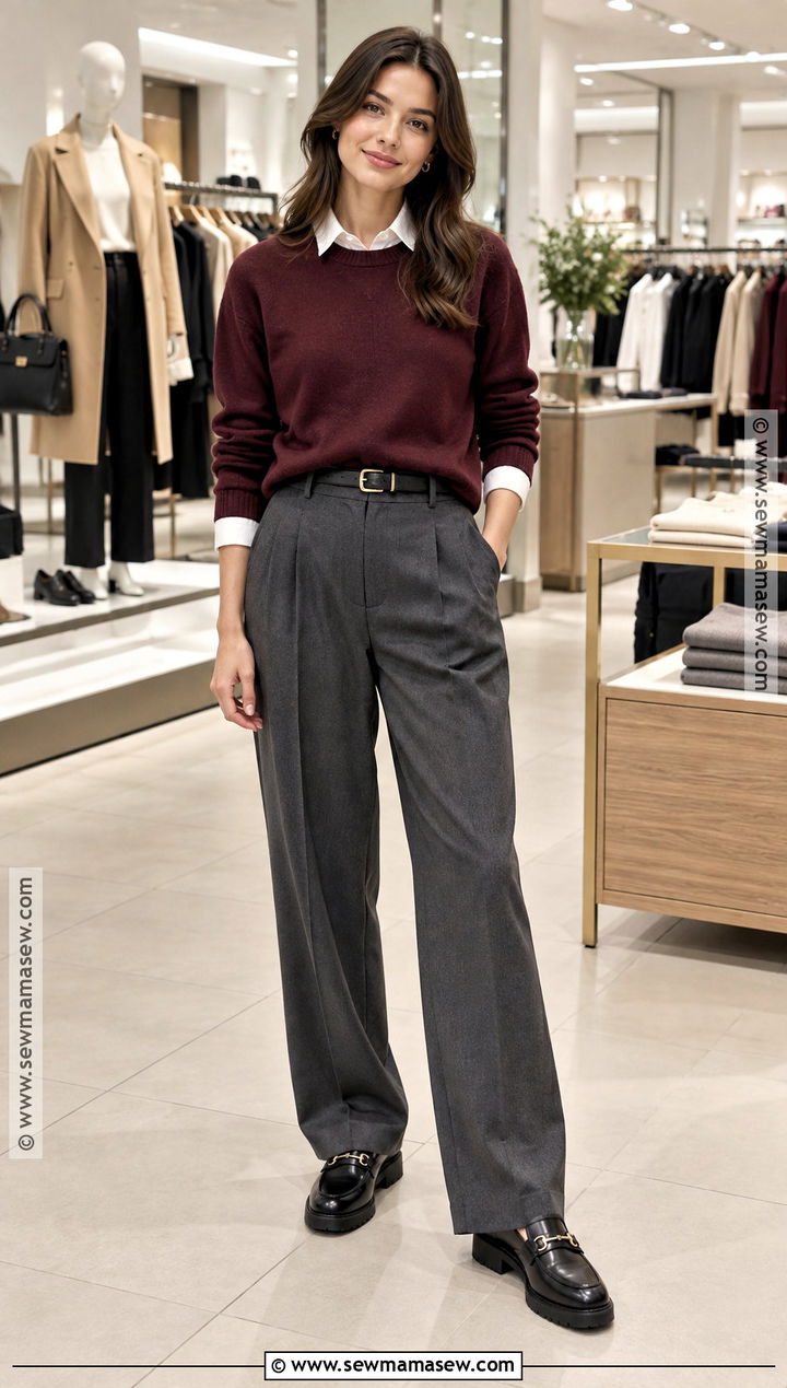 Crewneck Sweater Collared Shirt And Pleated Trousers Retail Work Outfit - 15 Fall Outfits For Retail Work