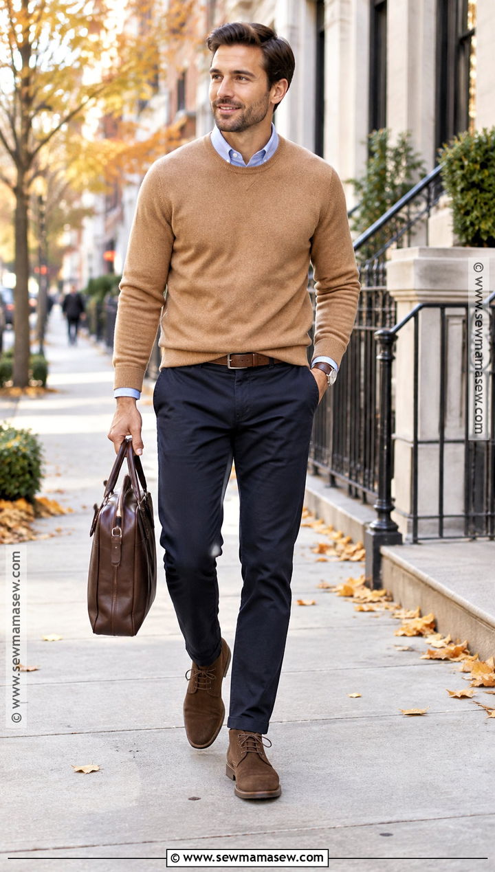 Crewneck Sweater Fall Outfit With Oxford Shirt And Chinos - 15 Fall Looks for Men
