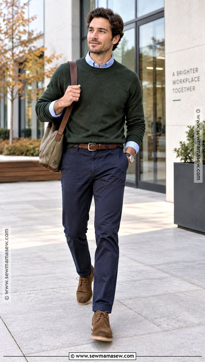 Crewneck Sweater Oxford Shirt and Chinos Outfit - 15 Casual Mens Fall Outfits