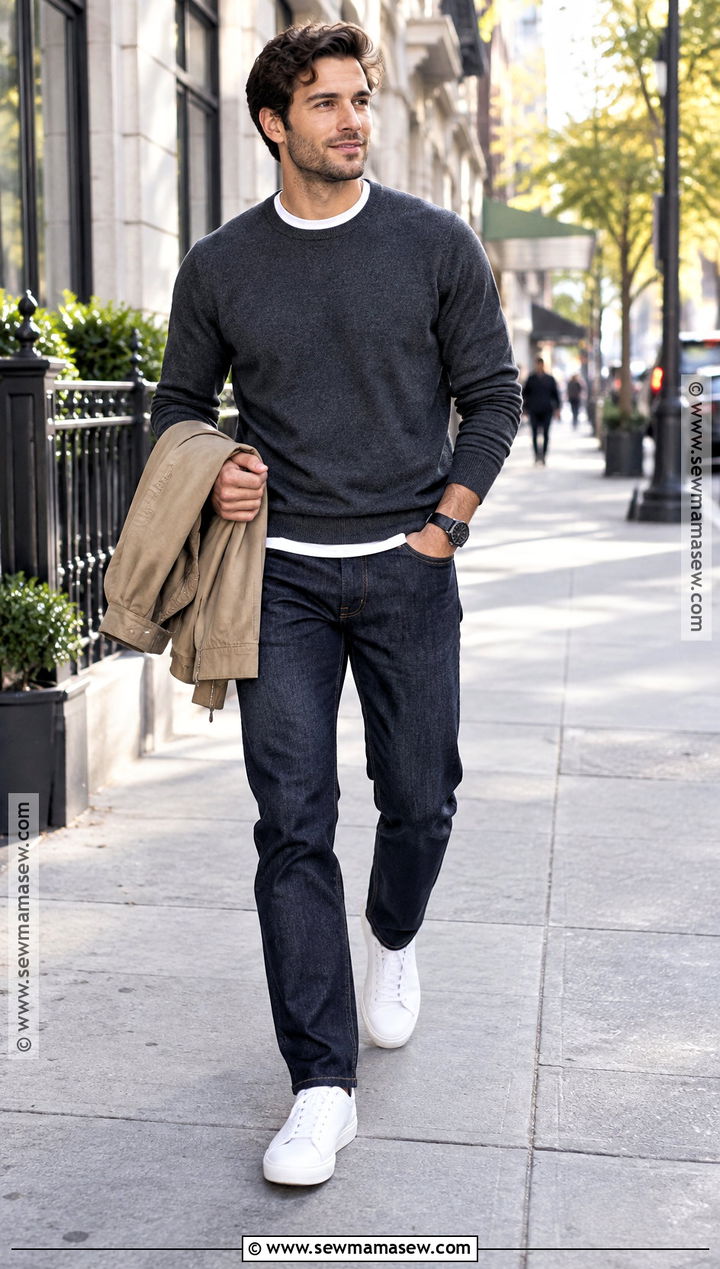 Crewneck Sweater With Dark Jeans And Leather Sneakers - 15 fall outfits men autumn sweaters
