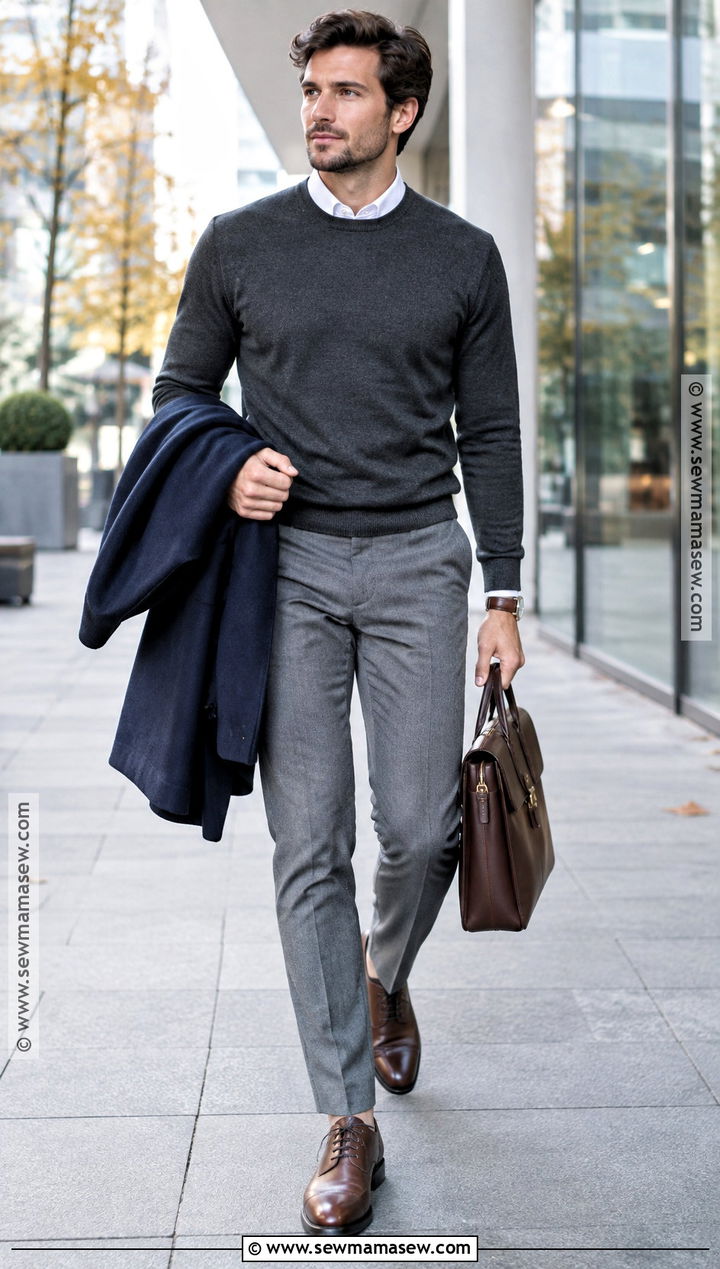 Crewneck Sweater With Dress Shirt And Trousers - 15 Mens Smart Casual Outfits Autumn