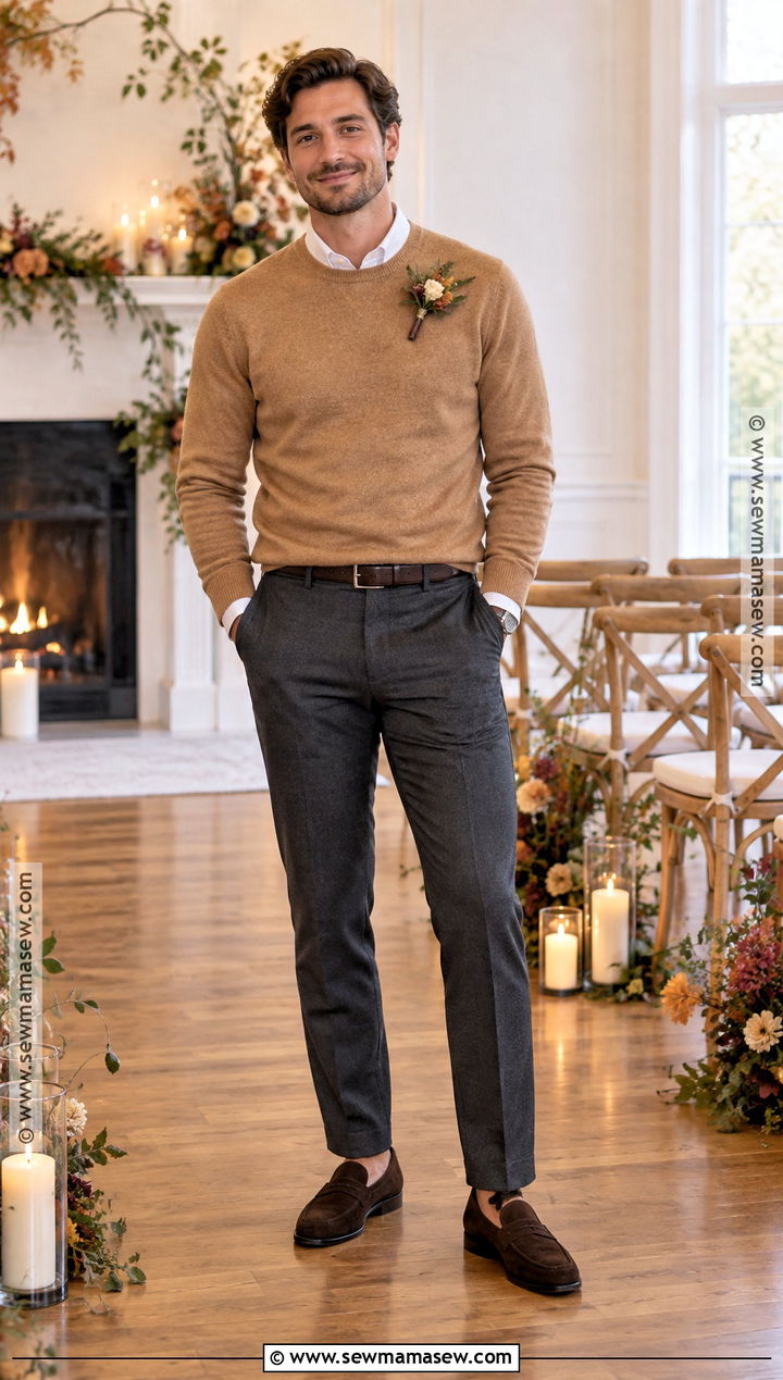 Crewneck Sweater With Dress Trousers - 15 fall casual groom attire ideas