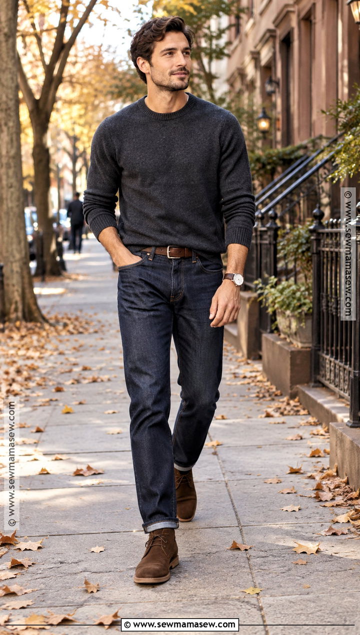 Crewneck Sweater With Jeans And Suede Boots - 15 mens fall sweaters outfits