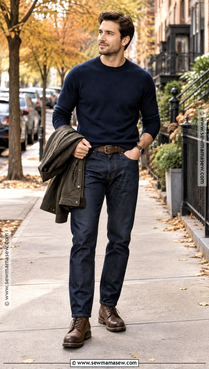 Crewneck Sweater With Jeans and Boots - 15 Fall Sweaters for Men