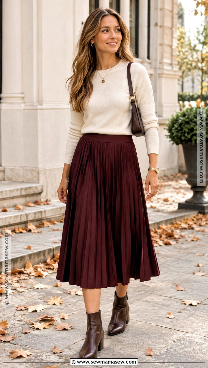 Crewneck Sweater With Midi Skirt and Ankle Boots - 20 Simple Fall Outfits for Moms