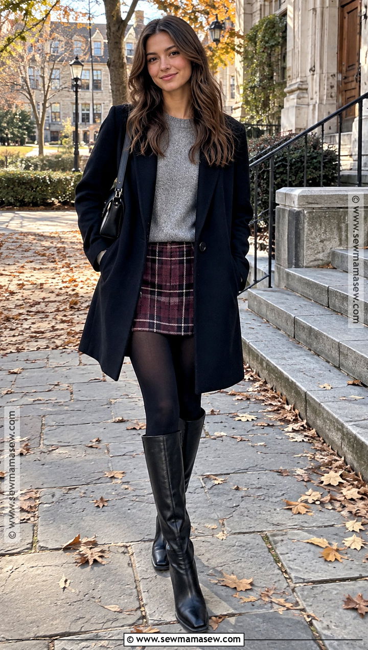 Crewneck Sweater With Mini Skirt And Tights - 20 sweater outfits fall