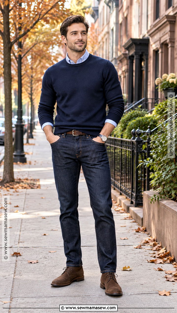 Crewneck Sweater With Oxford Shirt And Dark Jeans - 15 autumn sweater ideas for men