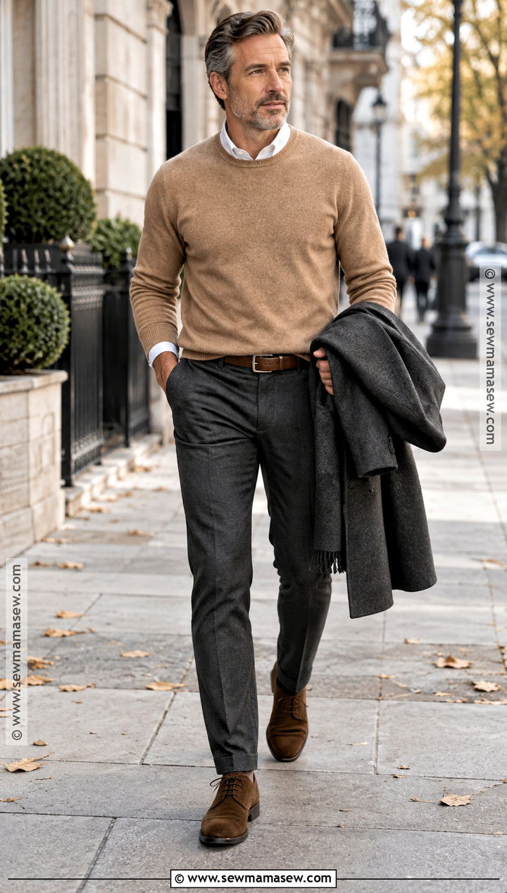 Crewneck Sweater With Oxford Shirt And Trousers - 25 fall fits for men