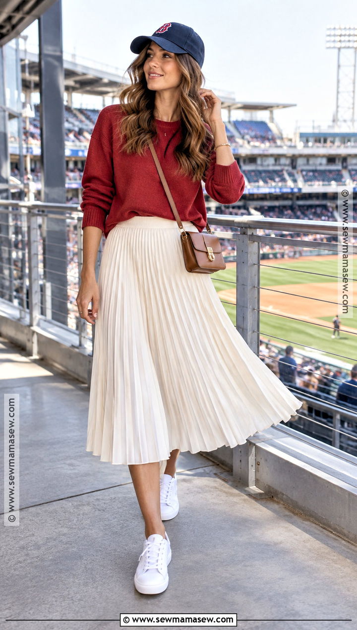 Crewneck Sweater With Pleated Skirt And Sneakers - 20 baseball game outfit fall ideas