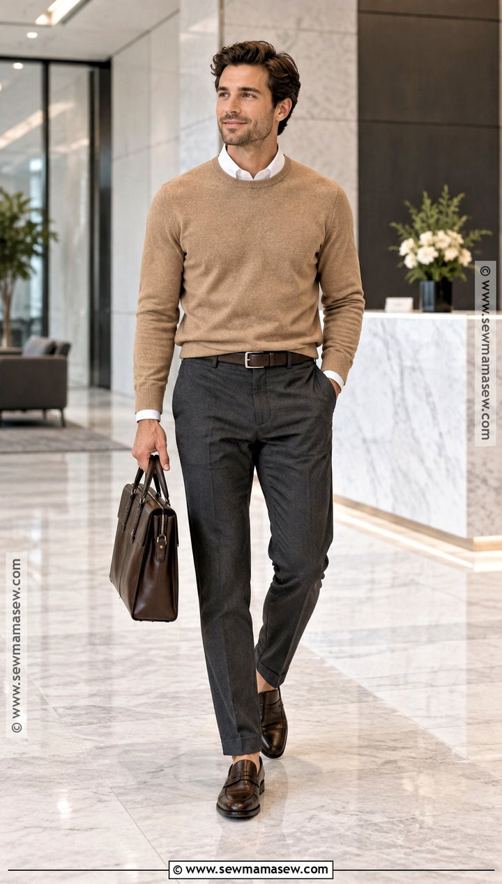 Crewneck Sweater and Dress Pants Business Casual Outfit - 20 fall business casual outfits for men
