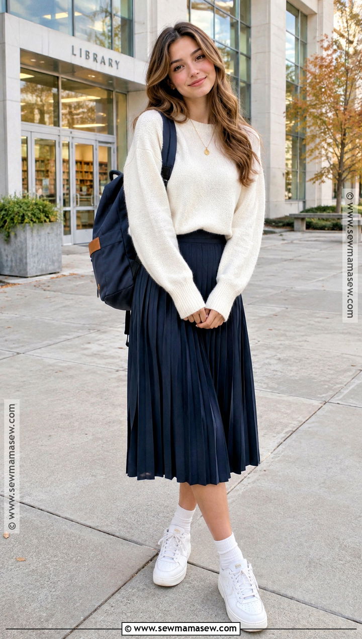 Crewneck Sweater and Midi Skirt Back to School Outfit - 25 back to school clothes list