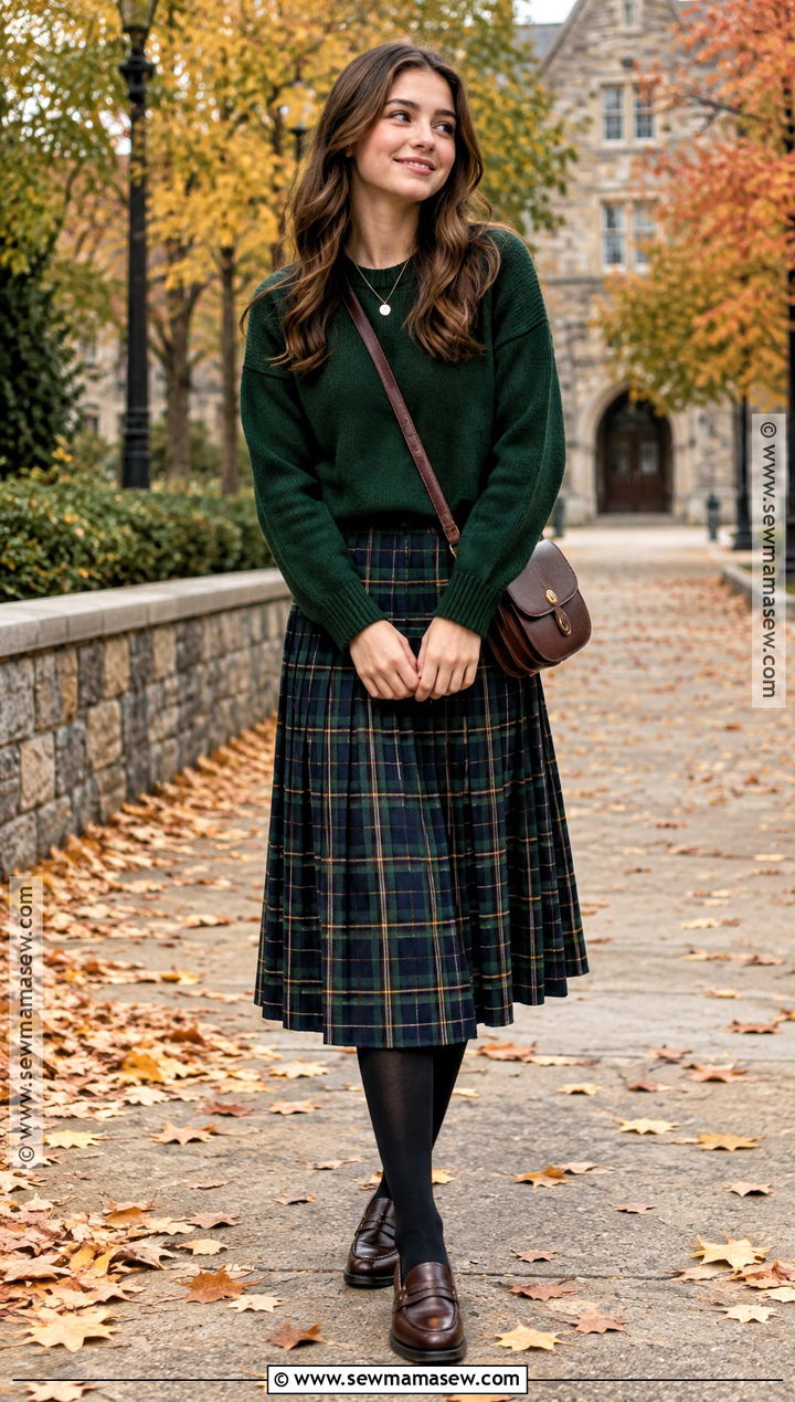 Crewneck Sweater and Plaid Midi Skirt Fall Outfit - 15 Fall Outfit Inspiration Ideas for Teens