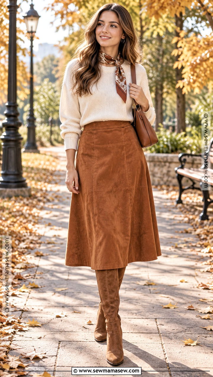 Crewneck Sweater and Suede A Line Skirt Outfit - 20 sweater skirt outfit fall ideas