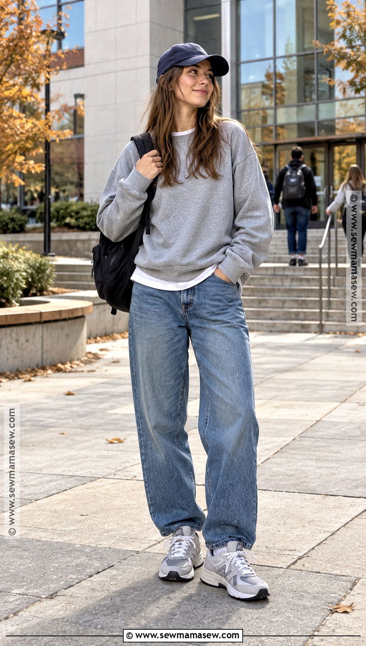 Crewneck Sweatshirt And Baggy Jeans College Outfit - 25 autumn college outfits