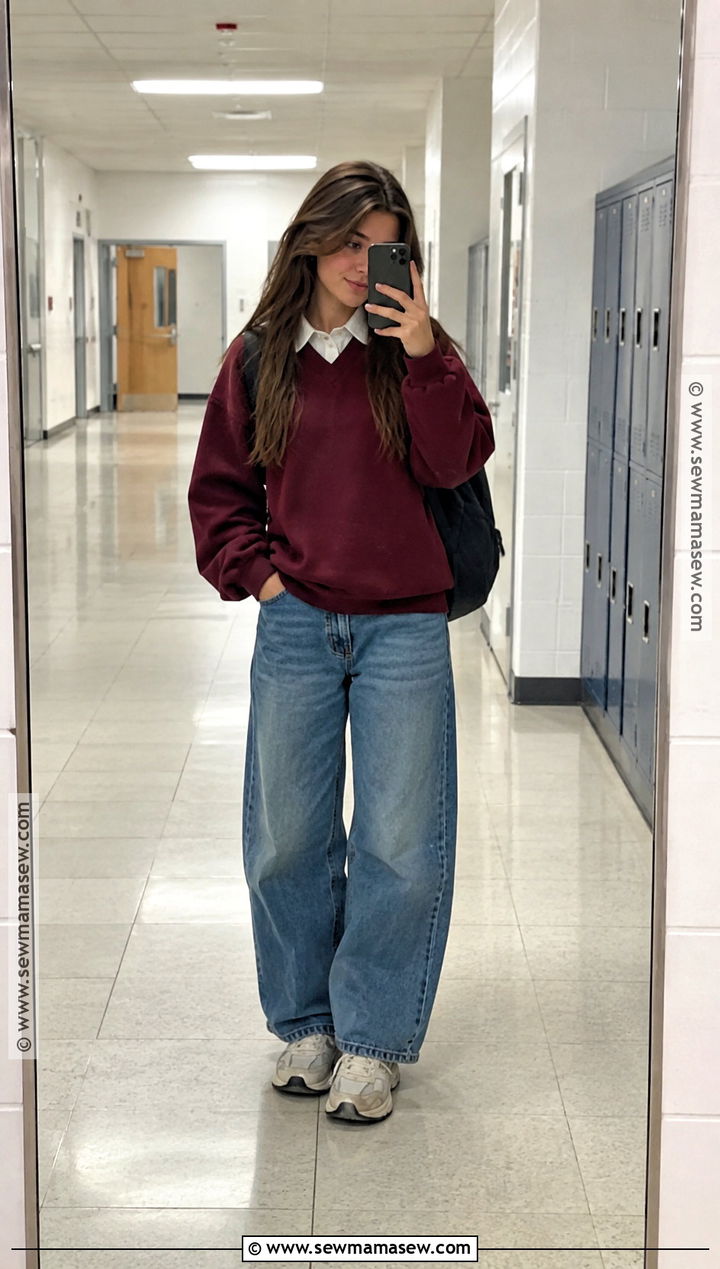 Crewneck Sweatshirt And Barrel Jeans School Outfit - 20 cute school outfits fall