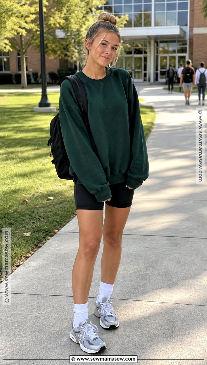 Crewneck Sweatshirt And Biker Shorts School Outfit - 15 fall school outfits highschool 2026