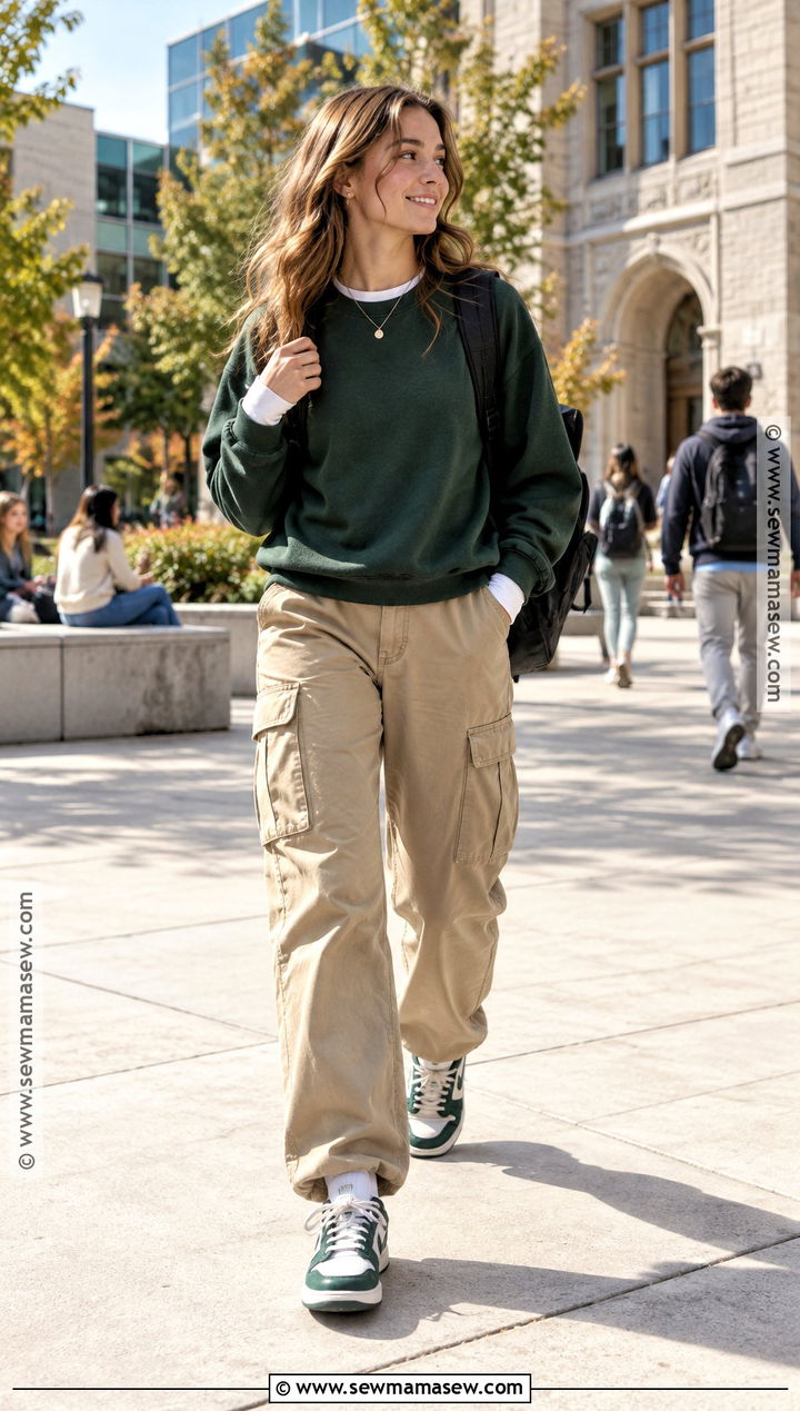 Crewneck Sweatshirt And Cargo Pants Fall School Outfit - 15 fall outfits for school comfy