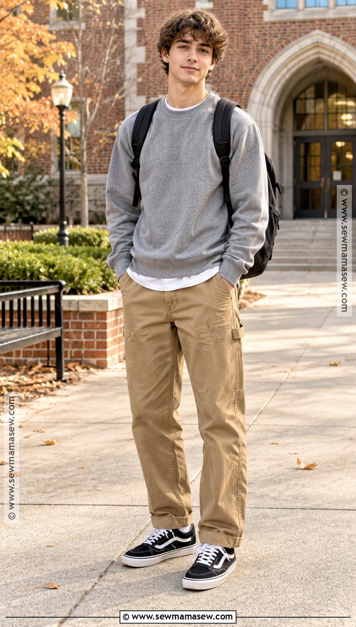 Crewneck Sweatshirt And Carpenter Pants Outfit For High School Boys - 20 Back To School Outfits Boys High School