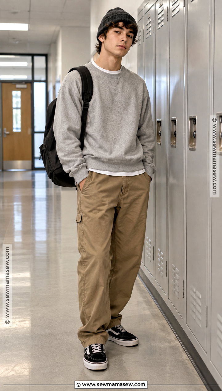 Crewneck Sweatshirt And Carpenter Pants Outfit - 15 masc back to school outfits