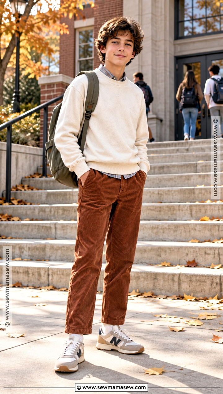 Crewneck Sweatshirt And Corduroy Pants Back To School Outfit - 15 Back To School Outfits For 8Th Graders
