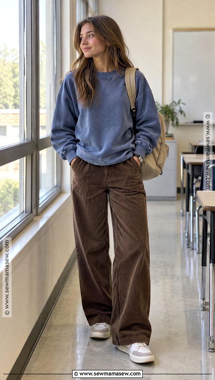Crewneck Sweatshirt And Corduroy Pants Fall School Outfit - 15 Cute Fall Outfits For School Casual