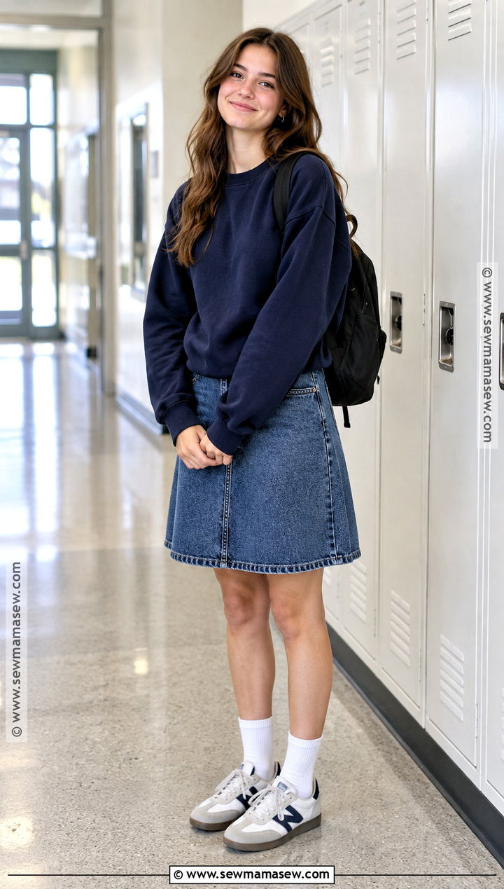 Crewneck Sweatshirt And Denim Skirt Outfit - 15 back to school clothing essentials